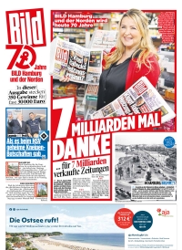 Auf dem Cover der Jubilums-Sonderbeilage bedankt sich die Bild Hamburg fr sieben Milliarden verkaufte Exemplare - Cover: Axel Springer SE